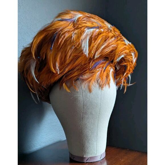 George Zamaul Couture Ladies Orange Felt Hat Feathers Rhinestones Church Formal main image 11